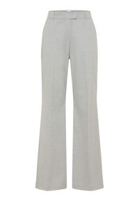 Lysegrå bukser med vide ben lavet af et tekstureret stof med en flad frontlinning og en subtil pressekant ned ad benene.