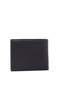 Portafoglio in pelle nera con texture liscia, design bifold e dettagli di cucitura minimi. Forma rettangolare compatta, adatta per carte e contante.