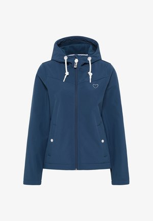 Sötétkék kapucnis dzseki puha anyagból, elöl cipzárral, két oldalsó zsebbel és egy kis szív logóval a mellrészen.