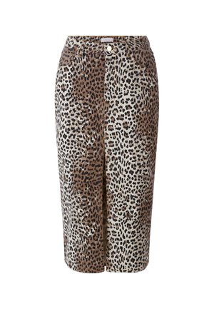Leopard print knee-length skirt made from soft fabric; features a front slit, two pockets, and a button closure at the waist.