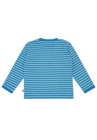 Camicia a maniche lunghe blu con righe orizzontali bianche. Presenta un collo rotondo e una piccola etichetta con logo sul lato sinistro in basso.