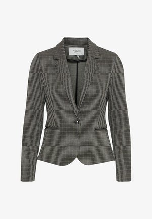 Černobílý kostkovaný blazer s jedním knoflíkem, ostrými klopami a dvěma předními kapsami v přiléhavém střihu.