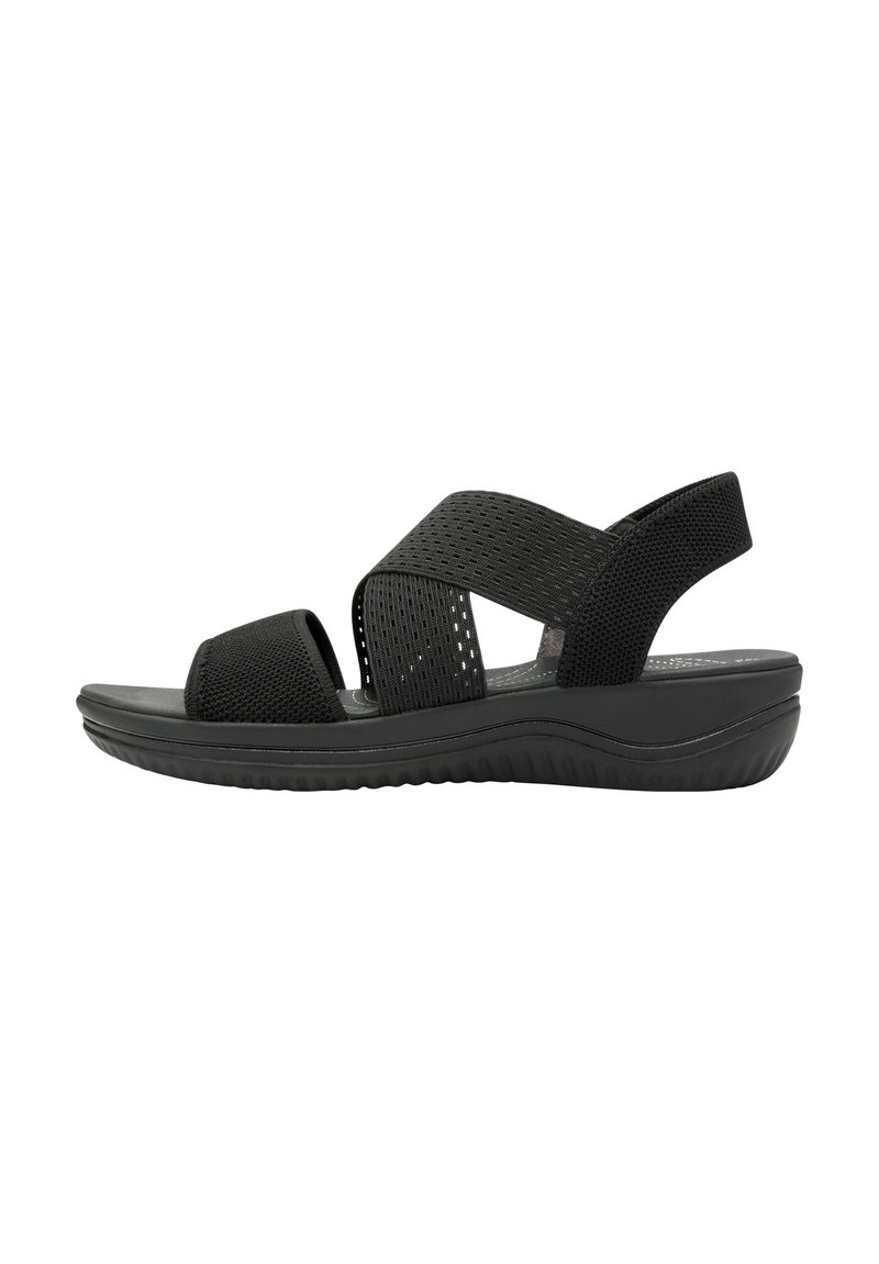 Sandali neri con cinturini in rete e soletta imbottita. Presentano una fascia larga per le dita e una suola flessibile per comfort e facilità di movimento.