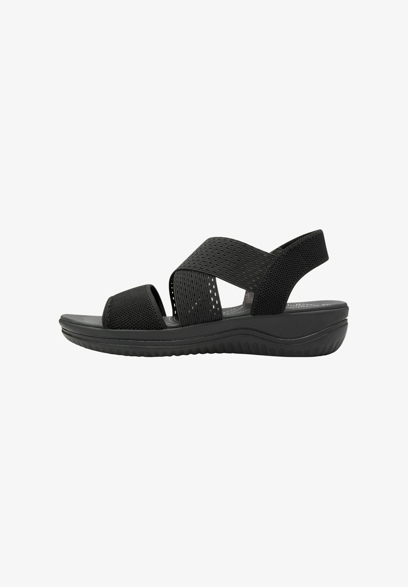 Sandali neri con cinturini in rete e soletta imbottita. Presentano una fascia larga per le dita e una suola flessibile per comfort e facilità di movimento.