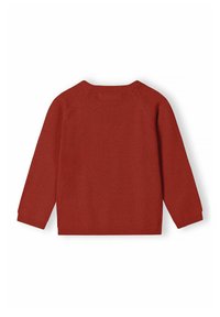 Maglione lavorato a maglia color ruggine con maniche lunghe a raglan, scollatura rotonda e polsini e orlo a coste. Texture liscia, design minimalista.