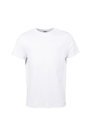 T-shirt blanc à manches courtes et col rond présenté sur un fond blanc uni.