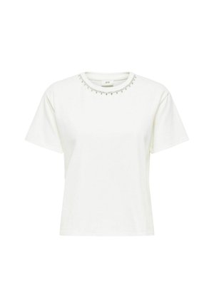 T-shirt blanc à manches courtes en coton, avec un col rond orné de petites perles décoratives autour du col.