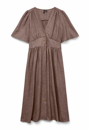 Robe midi marron avec manches courtes volantées, encolure en V, taille cintrée et fermeture frontale à boutons en bois.