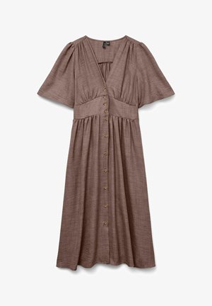 Robe midi marron avec manches courtes volantées, encolure en V, taille cintrée et fermeture frontale à boutons en bois.