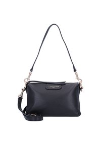 Borsa a spalla in pelle nera con finitura texture, dotata di chiusura con zip, piccolo logo dorato, tracolla rimovibile e hardware in argento lucido.