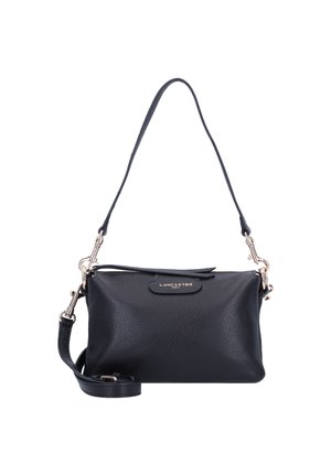 Black leather shoulder bag with a textured finish, featuring a zip closure, small gold logo, detachable strap, and polished silver hardware.