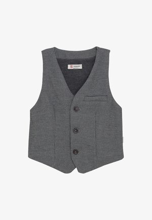 Graue strukturierte Weste für Kleinkinder mit drei dunklen Knöpfen und kleiner Brusttasche, Markenetikett im Kragen.