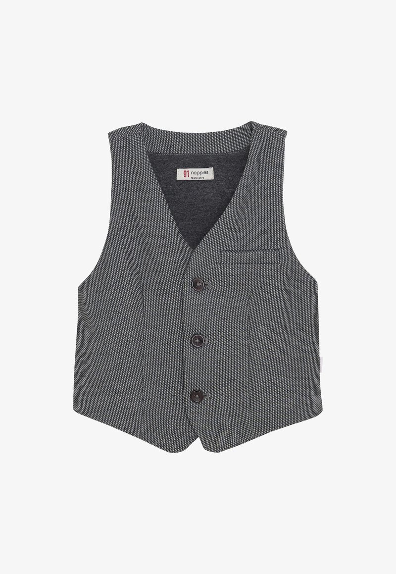 Szary, teksturowany bezrękawnik dla malucha z trzema ciemnymi guzikami i małą kieszonką na piersi, metka marki wewnątrz kołnierza.