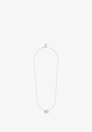 Silver necklace with a delicate chain, featuring two interlocking circular pendants at the center. Smooth, shiny finish throughout.