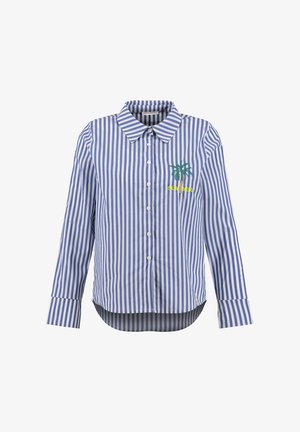 Camicia a maniche lunghe con bottoni, a righe verticali blu e bianche, con ricamo di una piccola palma e la scritta "SUMMER" sul petto.
