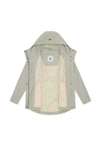 Lysegrå hettejakke med beige innerfôr, åpen front med trykknapper og merkeflate på innsiden under hetten.