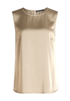 Beige mouwloze blouse van glad satijn met een ronde halslijn en een sleutelgat sluiting achter; voorzien van zijnaad voor een getailleerde pasvorm.