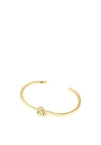Goldfarbene Armreifen mit Knotendetails, mit einer glatten, polierten Oberfläche und offener Form für einfachen Tragekomfort.