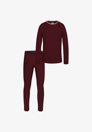Dunkelrotes Thermooberteil mit langen Ärmeln und Rundhalsausschnitt, kombiniert mit passenden langen Leggings mit schwarzem Bund. Glatte Textur.
