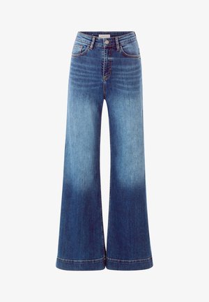 Lichtblauwe wijde spijkerbroek met hoge taille, met vervaagde details en een klassieke vijfzakkenontwerp, gemaakt van denim stof.