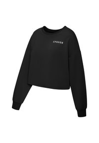 Black cropped sweatshirt with long sleeves, ribbed cuffs, and a round neck. Features a white printed text "CPNHGN" on the front.