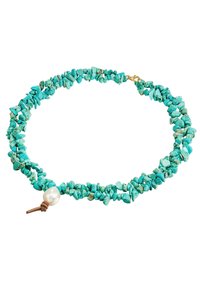 Türkiise kividest kaelakee, mis sisaldab ebaregulaarse kujuga kivikesi, millele on lisatud üksik pärl ning mille kinnitamiseks on kasutatud kuldse tooni sulgu ja pruuni nahka.