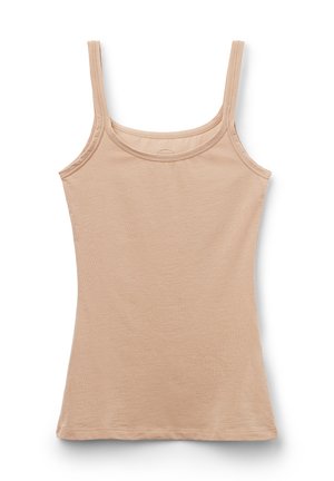 Beżowy tank top bez rękawów z okrągłym dekoltem i cienkimi ramiączkami, wyłożony na płasko na białym tle.