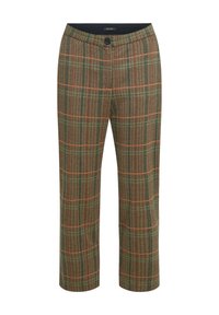 Bruine geruite broek met groene en oranje accenten, featuring een recht model, knoopsluiting en een gestructureerde stof.