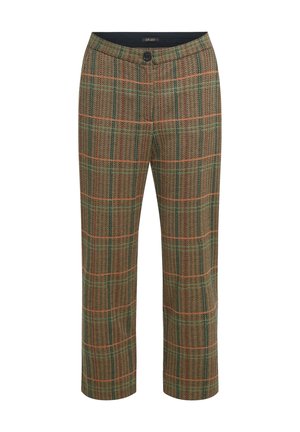 Braun karierte Hose mit grünen und orangefarbenen Akzenten, gerade geschnitten, mit Knopfverschluss und strukturiertem Stoff.