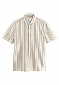 Korte mouw button-up shirt in beige en crèmekleurige gestreepte linnen. Heeft een klassieke kraag en een rechte zoom. Bevat knopen aan de voorkant.