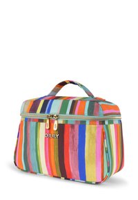 Multikleurige gestreepte stoffen cosmetica-tas met een bovenhandvat, ritssluiting en gouden hardware met de merknaam "OILILY."