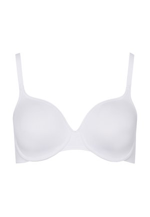 White padded bra with smooth cups, adjustable straps, and a classic underwire design. Made of soft fabric, featuring a seamless finish.