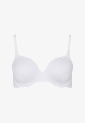 White padded bra with smooth cups, adjustable straps, and a classic underwire design. Made of soft fabric, featuring a seamless finish.