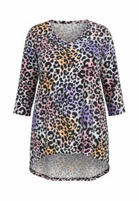Damen Langarm-Tunika mit V-Ausschnitt und asymmetrischem Saum, mit mehrfarbigem Leopardenmuster in Lila, Pink, Orange und Schwarz.