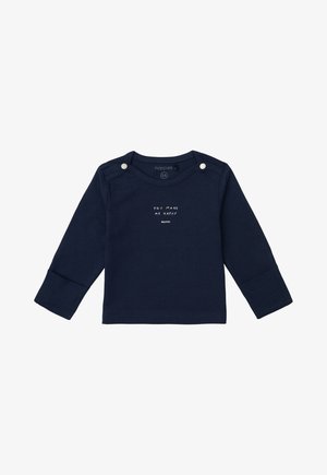 Maglietta a maniche lunghe blu navy in cotone. Caratterizzata da un collo rotondo, bottoni sulle spalle e testo bianco "MI RENDI FELICE" sul davanti.