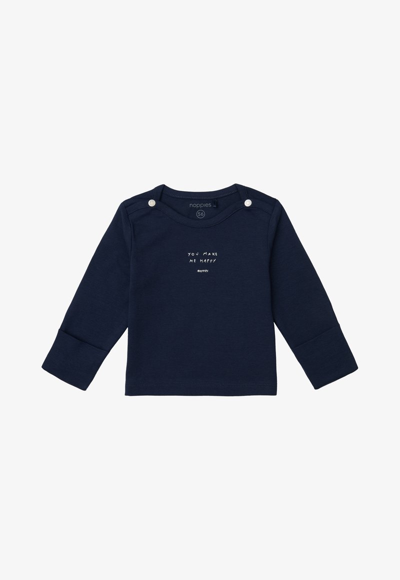 Marineblaues Langarmhemd aus Baumwolle. Verfügt über einen runden Halsausschnitt, Schulterdrücker und weißen Text „DU MACHST MICH GLÜCKLICH“ auf der Vorderseite.