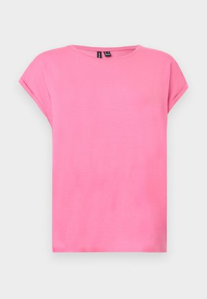 Leuchtend pinkes kurzärmeliges Baumwoll-T-Shirt mit rundem Ausschnitt und leicht aufgerollten Ärmeln, präsentiert vor einem schlichten Hintergrund.