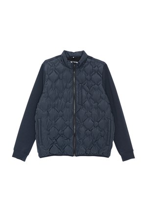 Chaqueta azul marino con parte delantera acolchada, mangas largas lisas, cierre de cremallera y dos bolsillos laterales.