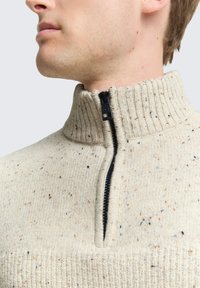 Man in een beige gesprenkeld gebreid sweater met een zwarte half-rits en een geribbelde hoge kraag, weergegeven in close-up van de nek tot de mond.