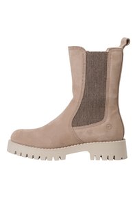 Beige enkelboot met een gladde suede afwerking, elastische zijpanelen en een robuuste witte zool. Voorzien van een ronde neus en minimale branding.