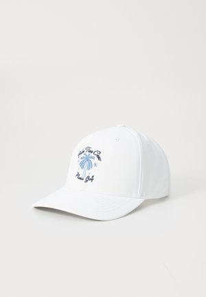 White cap with a curved brim, featuring blue and navy palm tree embroidery and "Puma Golf" text. Smooth fabric, structured design.