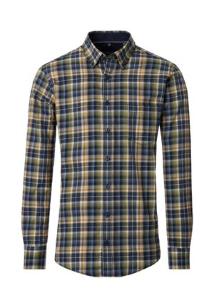 Kariertes Hemd mit einem Button-Down-Kragen. Verfügt über eine Mischung aus Marineblau, Grün, Gelb und Weiß. Lange Ärmel und eine einzelne Brusttasche.