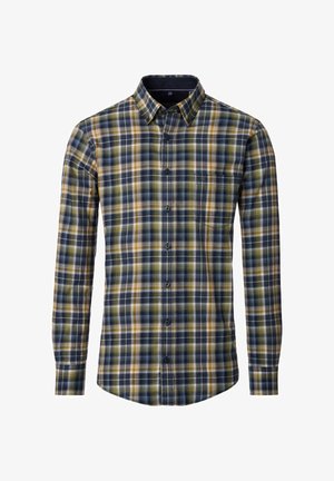 Kariertes Hemd mit einem Button-Down-Kragen. Verfügt über eine Mischung aus Marineblau, Grün, Gelb und Weiß. Lange Ärmel und eine einzelne Brusttasche.