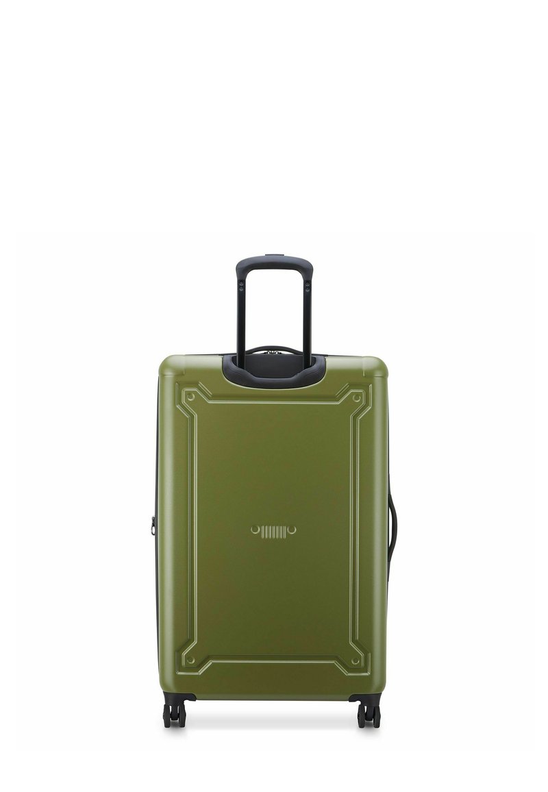 Valigia rigida di colore verde oliva con superficie testurizzata, dotata di manico nero retrattile e ruote per la mobilità.