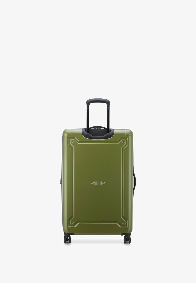 Valigia rigida di colore verde oliva con superficie testurizzata, dotata di manico nero retrattile e ruote per la mobilità.