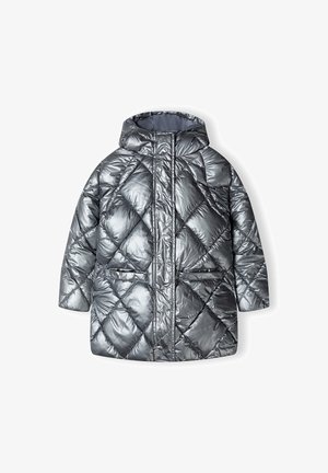 Silberne, glänzende Steppjacke mit Kapuze, diamantförmigem Steppmuster, zwei Vordertaschen und einem vertikalen Reißverschluss.