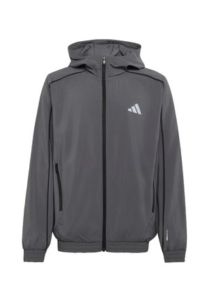 Chaqueta con capucha y cremallera en color gris oscuro, con puños y cintura elásticos, dos bolsillos laterales con cremallera y un pequeño logo blanco en el pecho.