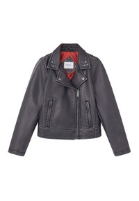 Črna usnjena motoristična jakna z rdečim podložjem, epauleti, okrasnimi nitnimi detajli na ramenih in dvema sprednjima žepoma na zadrgo.