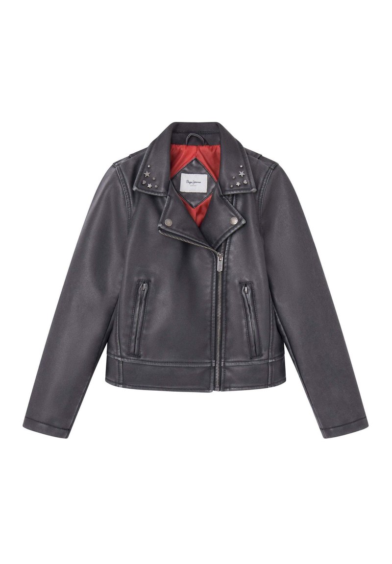 Črna usnjena motoristična jakna z rdečim podložjem, epauleti, okrasnimi nitnimi detajli na ramenih in dvema sprednjima žepoma na zadrgo.