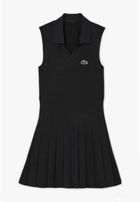 Abito nero senza maniche con scollo a V e colletto, caratterizzato da una gonna plissettata e un logo ricamato verde sul petto. Tessuto in maglia morbido.